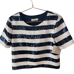 Sandro Paris‎ Sequin Striped Crop Top Short Sleeve Party Sparkle Size Small